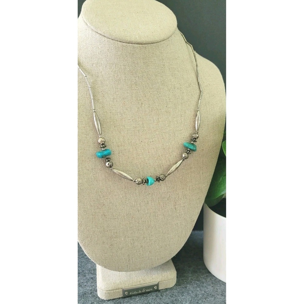 Vintage Southwestern Turquoise Nugget Rose Bead Necklace Barrel Clasp 18in